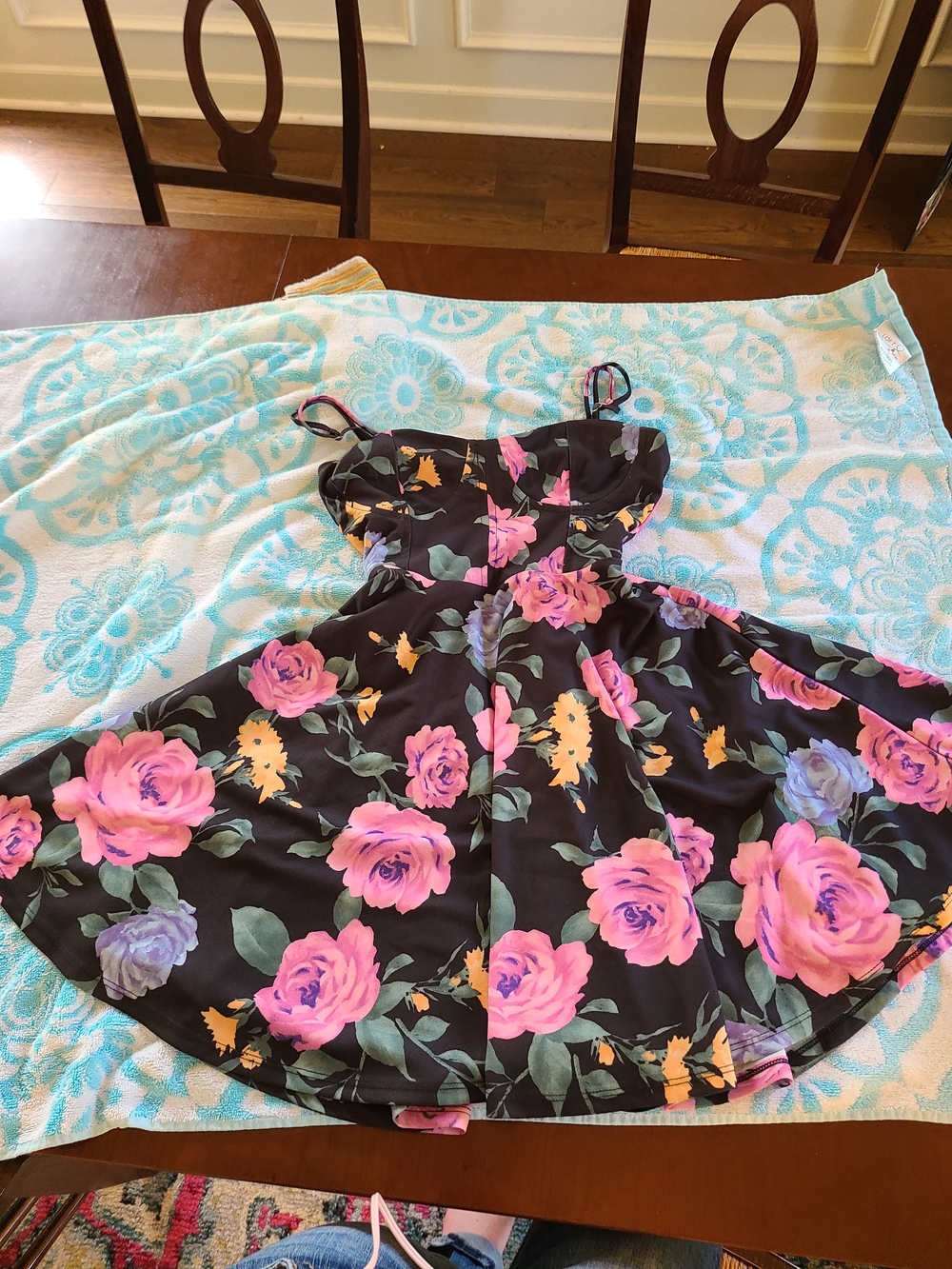 Forever 21 Black Floral Mini Dress with Pink & Purple Roses